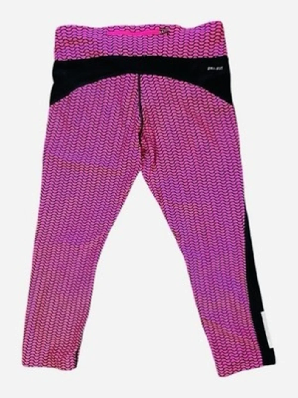 Nike Dri Fit Womens M Pink Black Print Cropped Running Leggings Zip Pocket VG